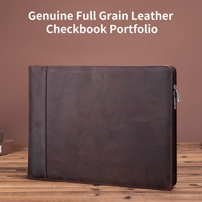 Genuine Leather 7 Ring Check Binder,Business Checkbook Holder 9 x 13” Dark Brown